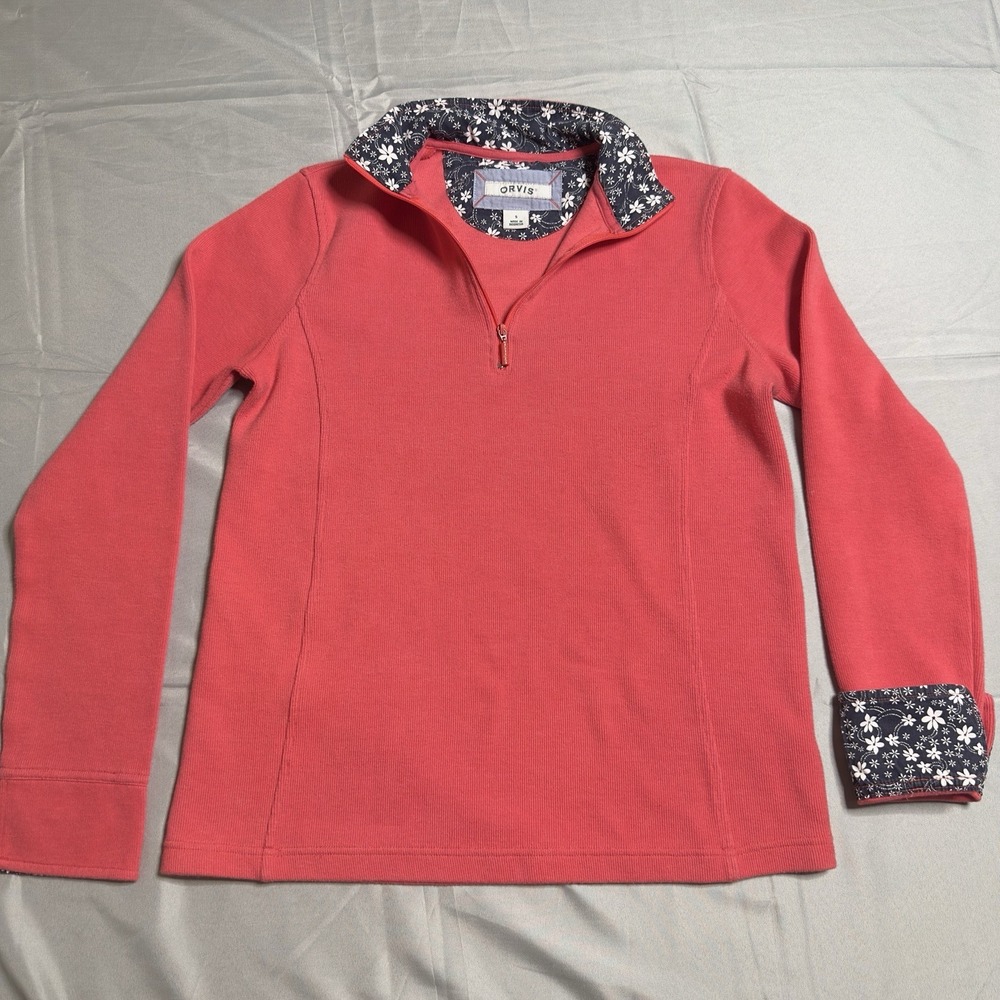 Orvis Small Pullover 1/4 Zip Floral‎ Collar Cuff Outdoor Chic Pink Casual